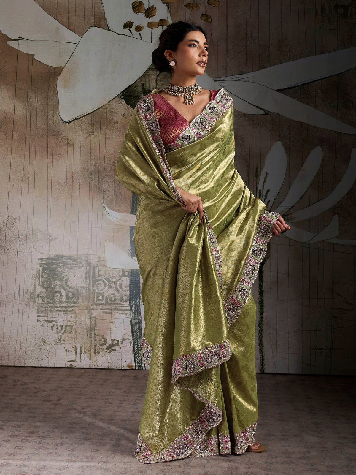 Pista-Green Kanjivaram Silk Embroidered Handloom Saree