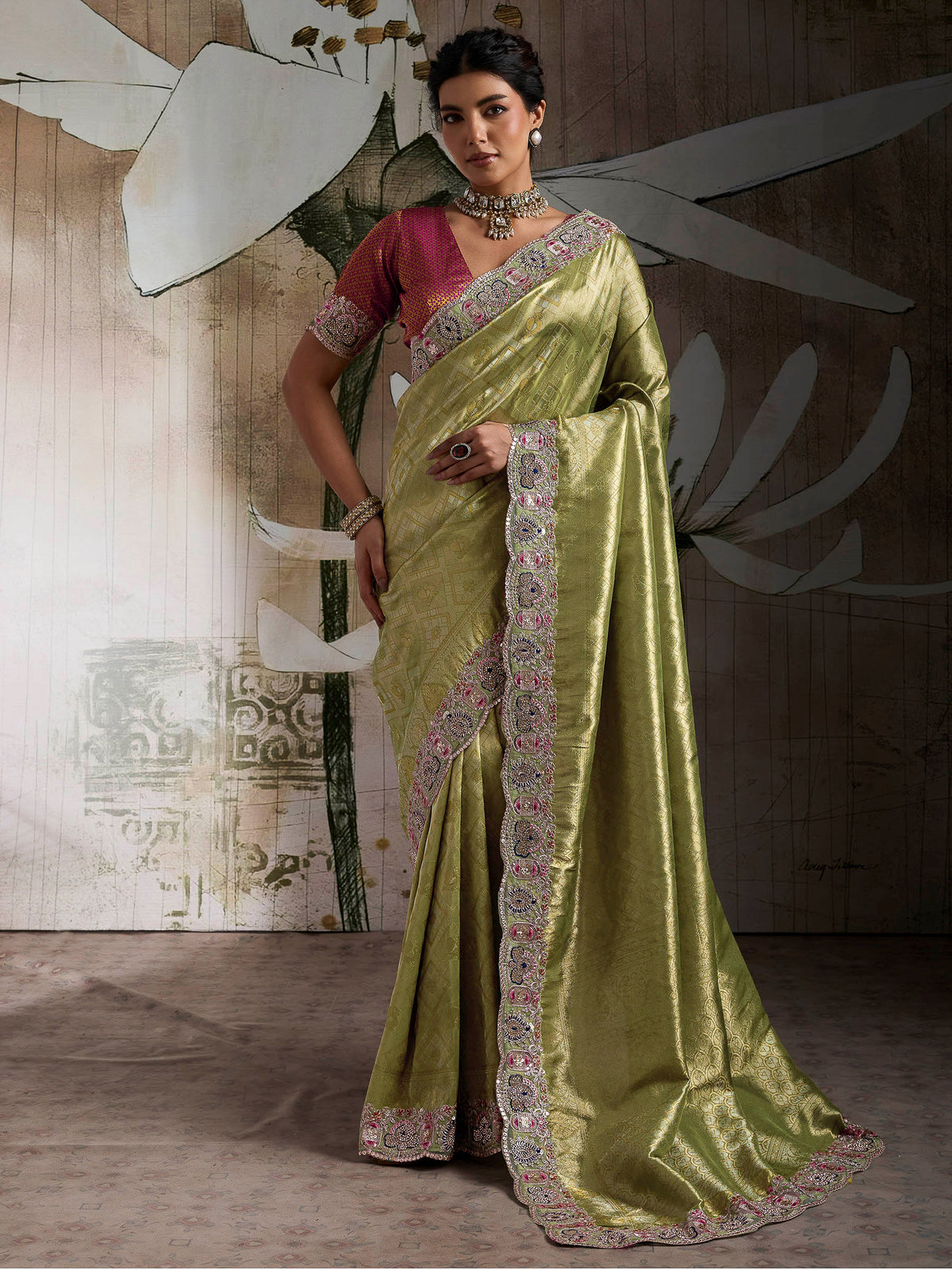 Pista-Green Kanjivaram Silk Embroidered Handloom Saree
