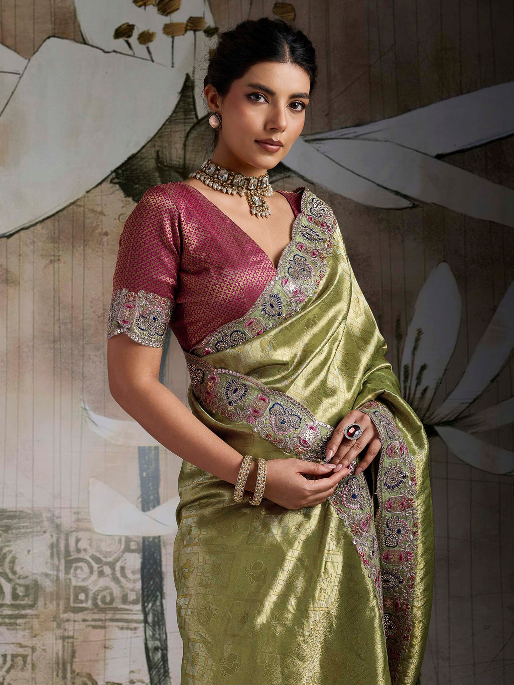 Pista-Green Kanjivaram Silk Embroidered Handloom Saree