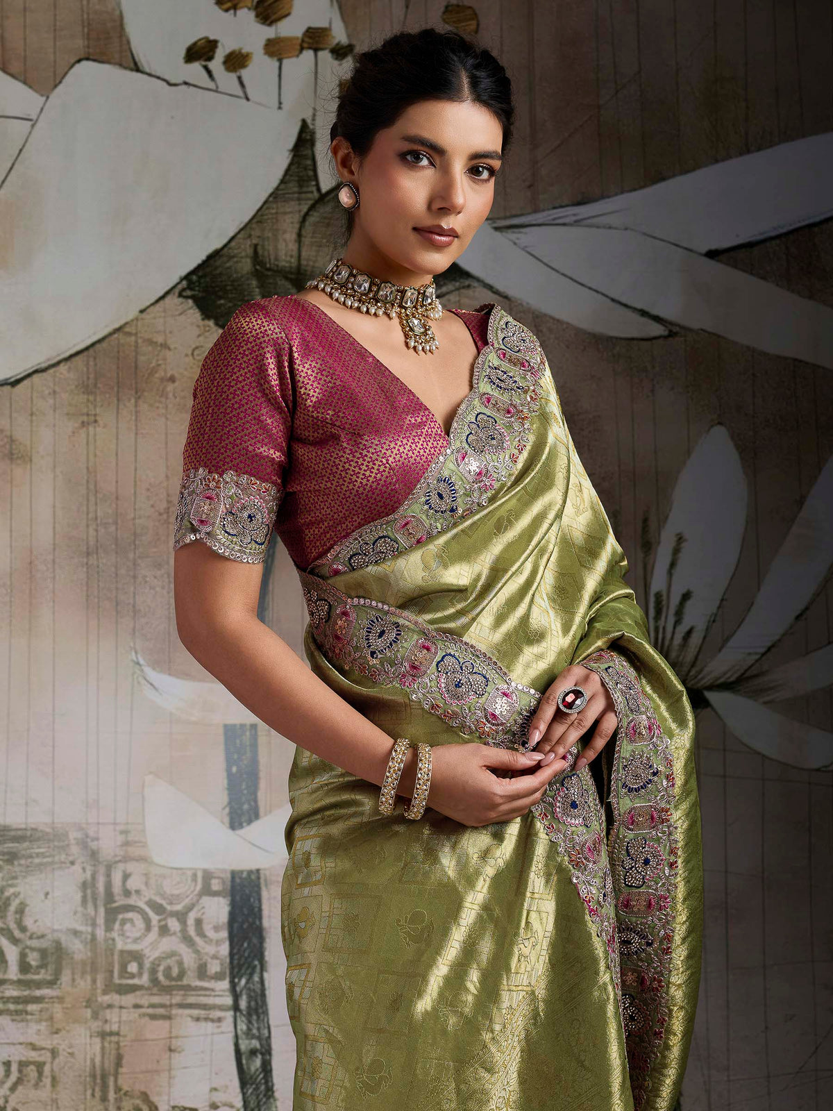 Pista-Green Kanjivaram Silk Embroidered Handloom Saree