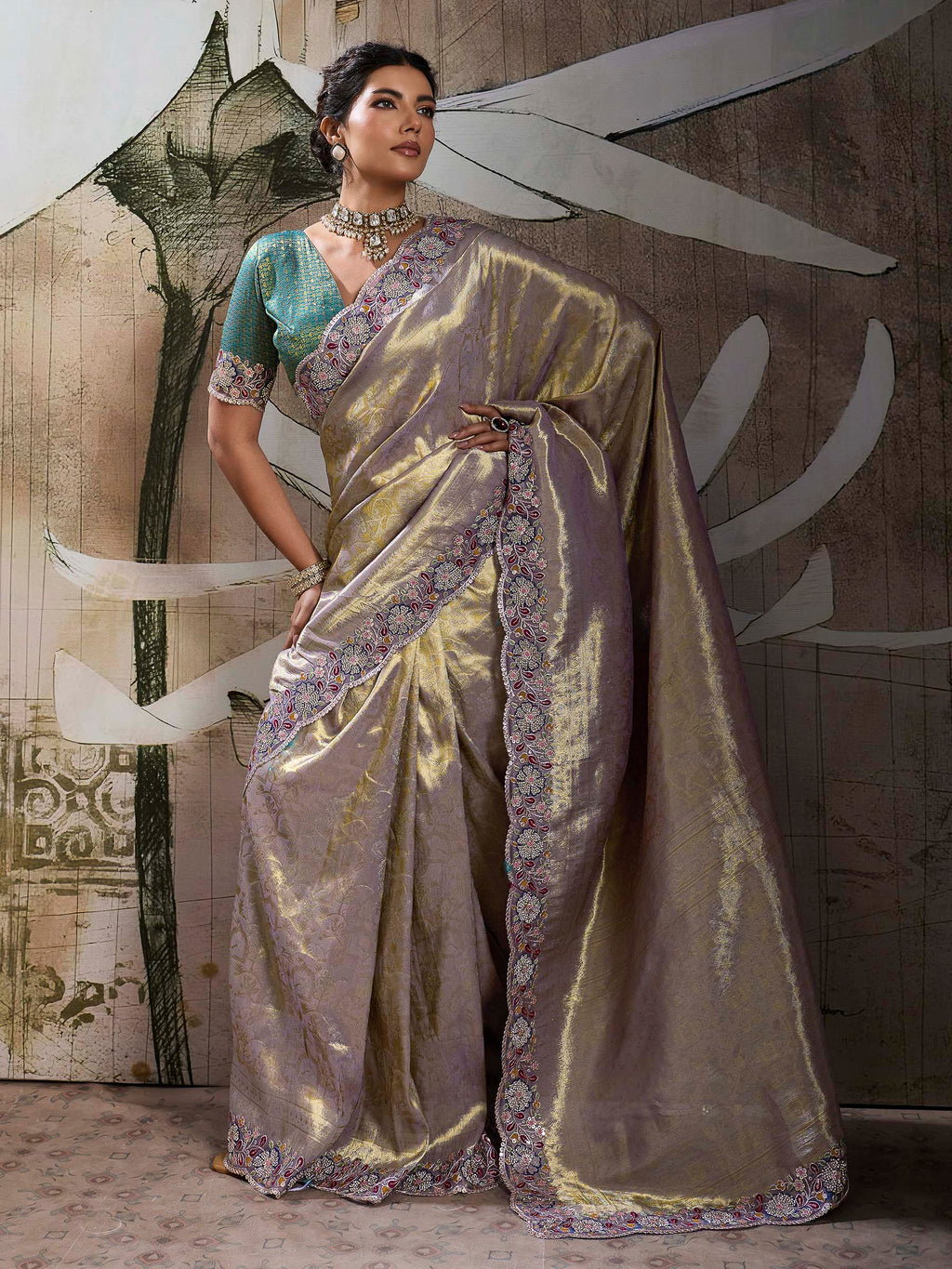Lavender Kanjivaram Silk Embroidered Handloom Saree