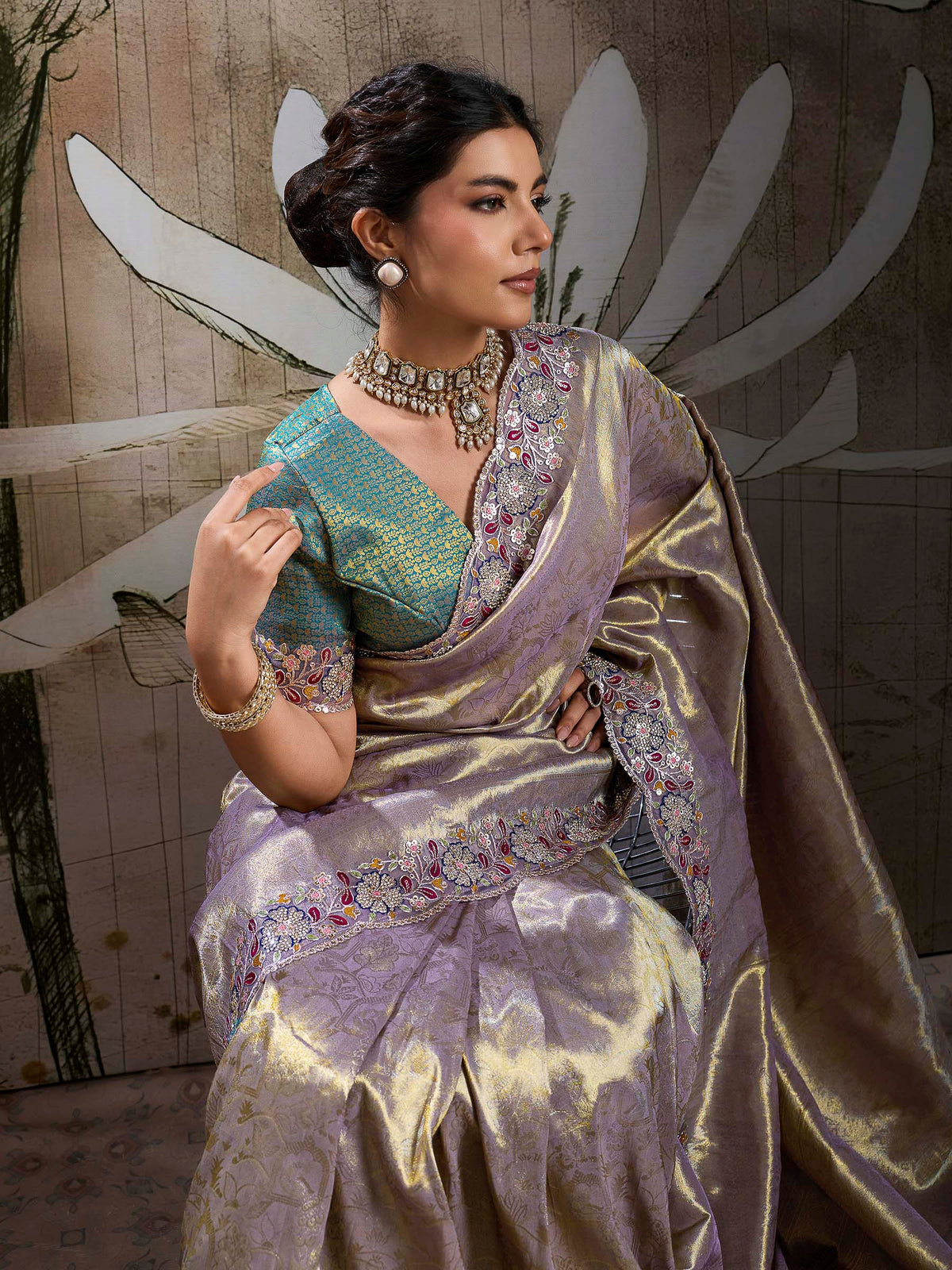 Lavender Kanjivaram Silk Embroidered Handloom Saree