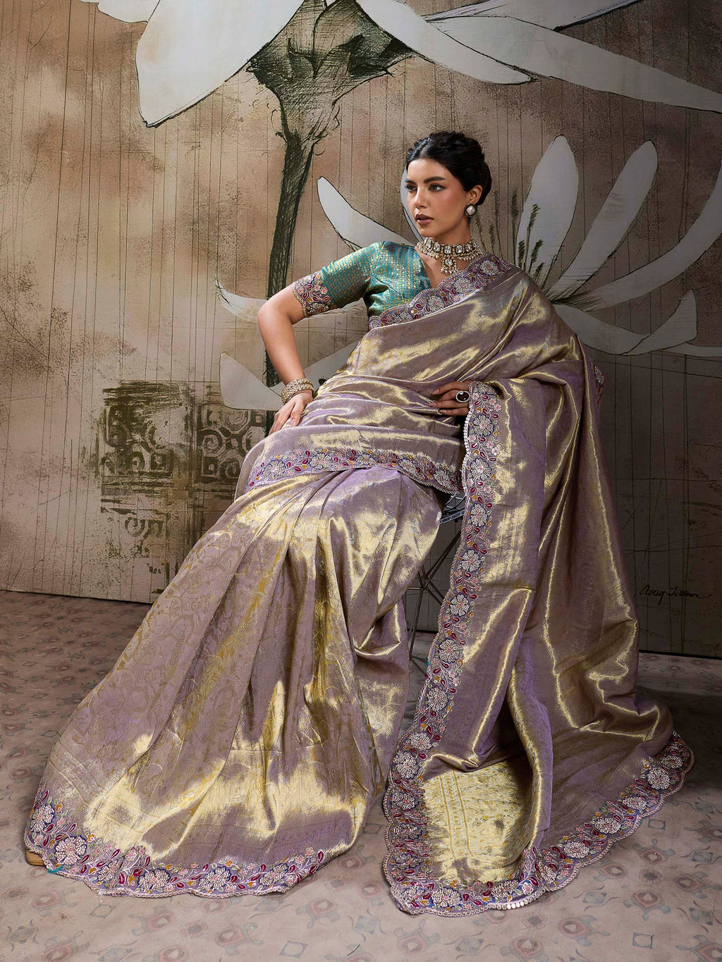 Lavender Kanjivaram Silk Embroidered Handloom Saree