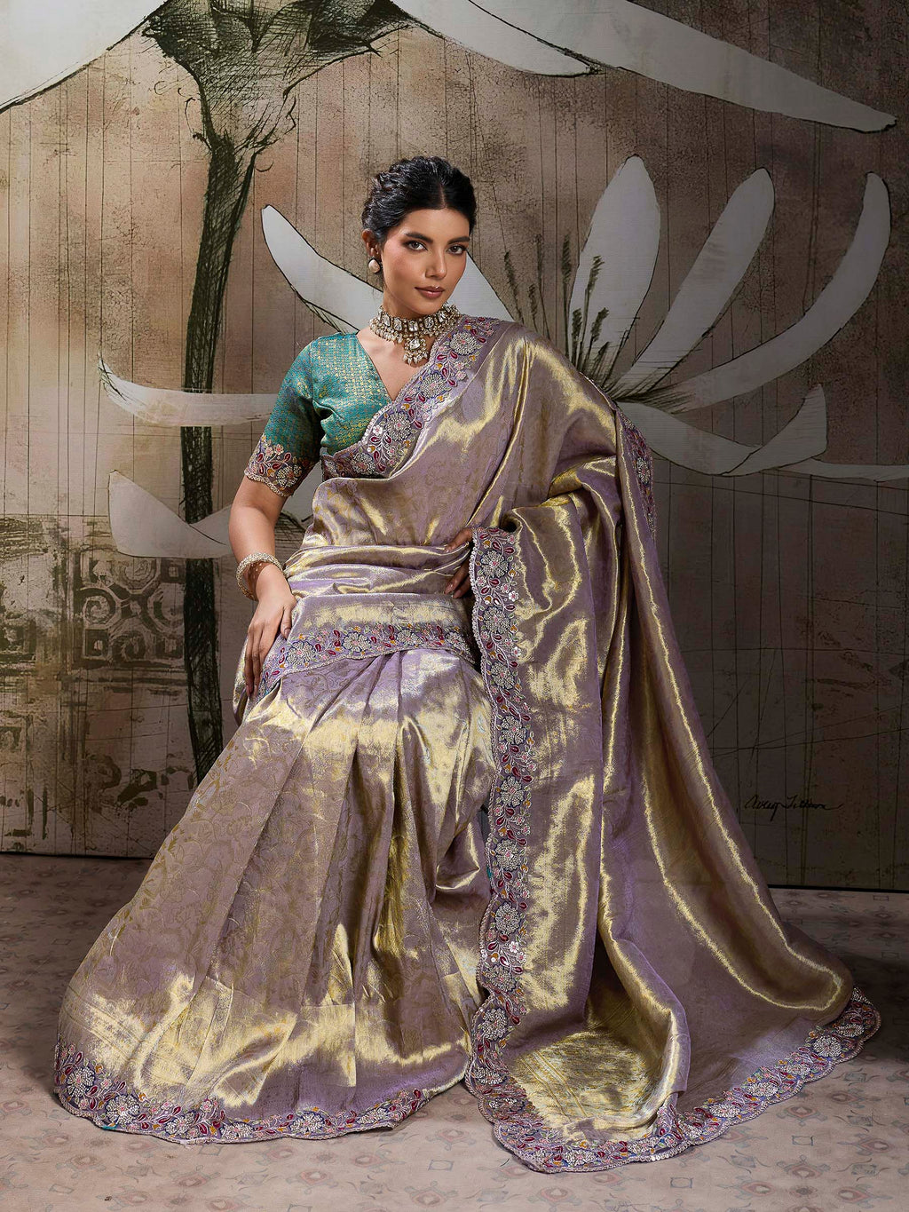 Lavender Kanjivaram Silk Embroidered Handloom Saree