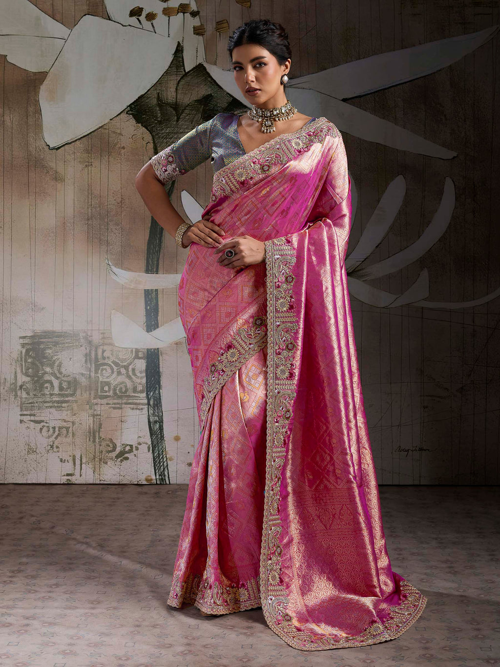 Hot-Pink Kanjivaram Silk Embroidered Handloom Saree
