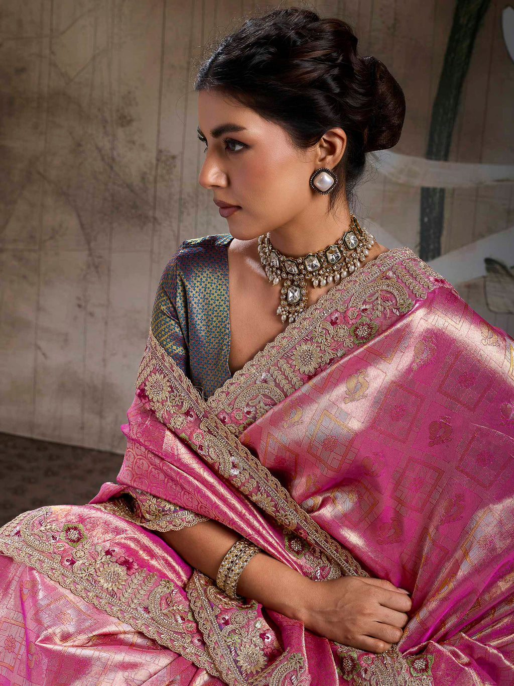 Hot-Pink Kanjivaram Silk Embroidered Handloom Saree