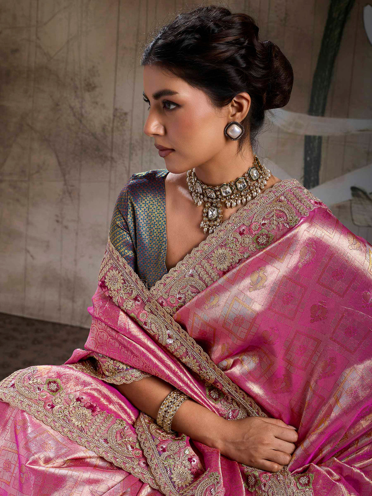 Hot-Pink Kanjivaram Silk Embroidered Handloom Saree