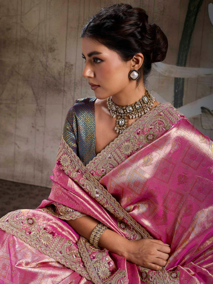 Hot-Pink Kanjivaram Silk Embroidered Handloom Saree