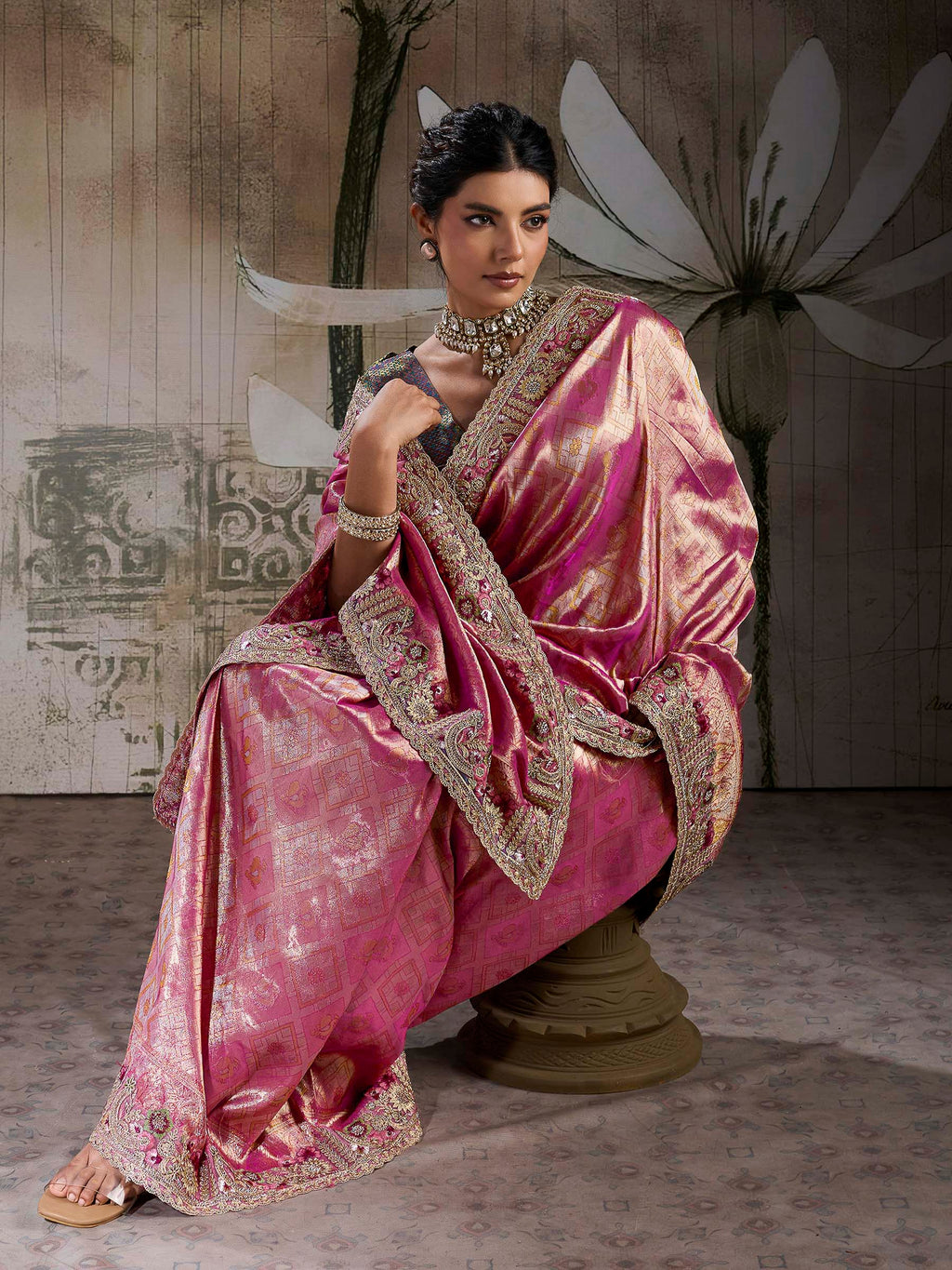 Hot-Pink Kanjivaram Silk Embroidered Handloom Saree