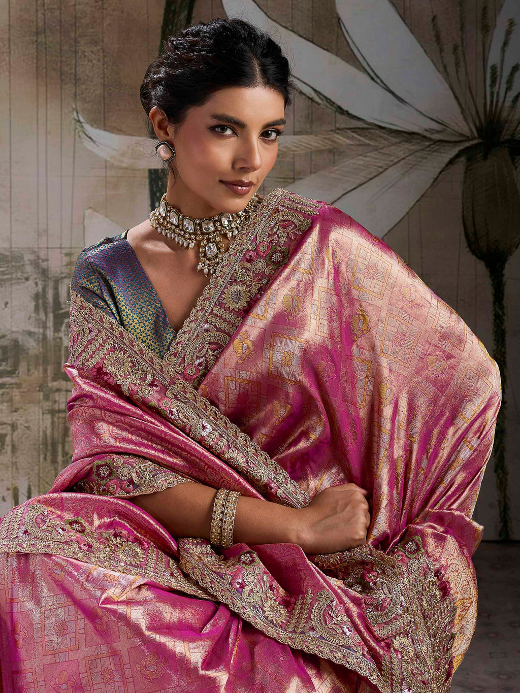 Hot-Pink Kanjivaram Silk Embroidered Handloom Saree