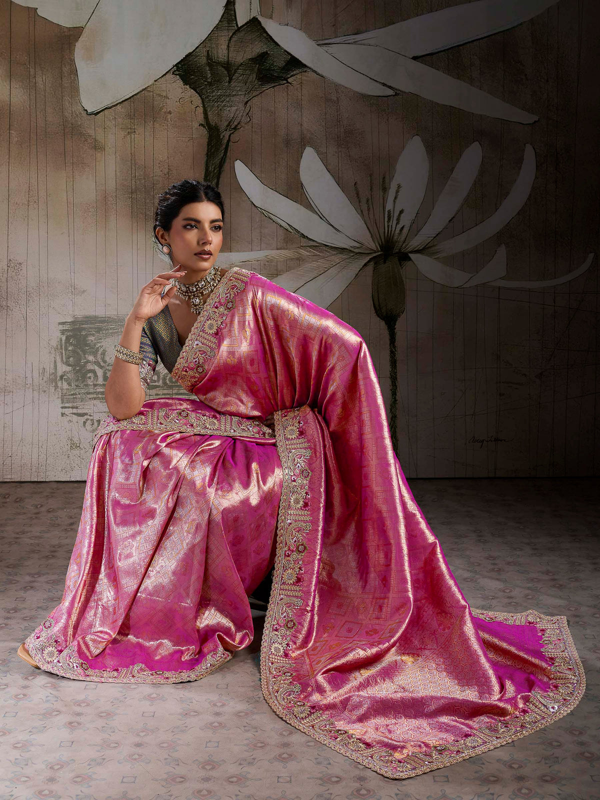 Hot-Pink Kanjivaram Silk Embroidered Handloom Saree