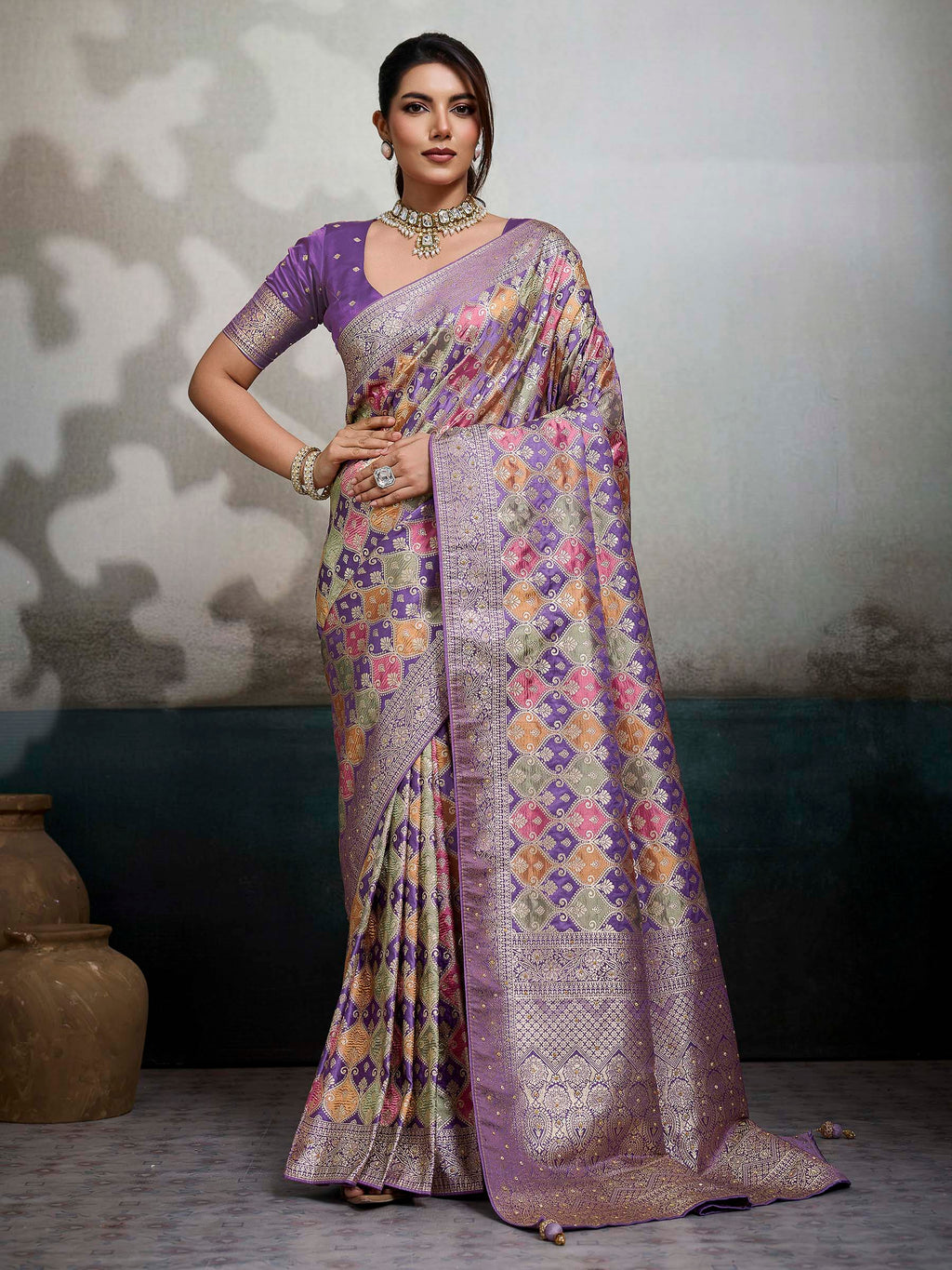 Purple Satin Woven Handloom Saree