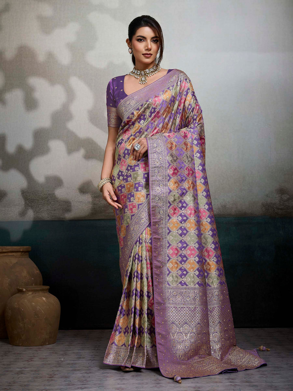 Purple Satin Woven Handloom Saree