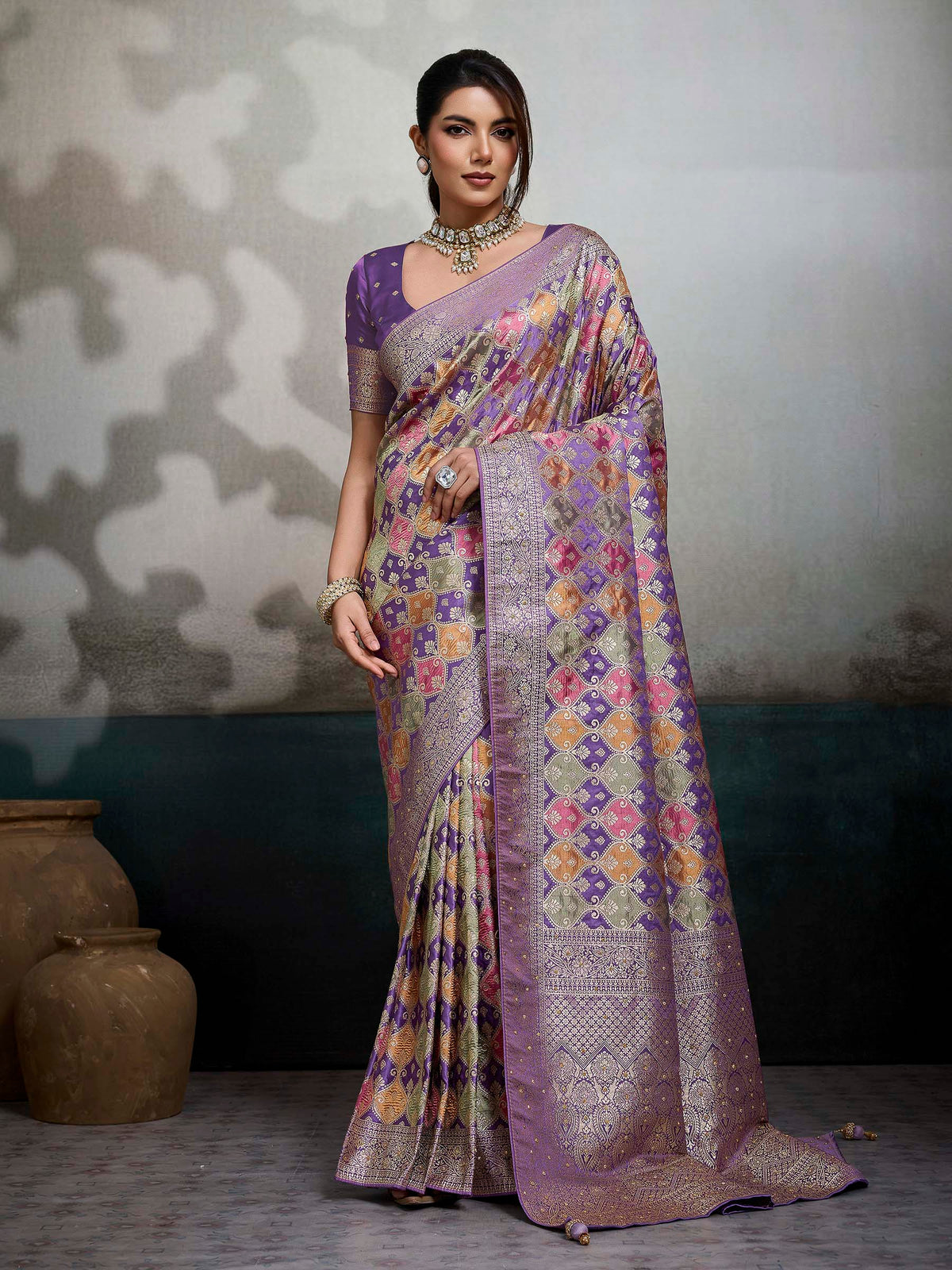 Purple Satin Woven Handloom Saree