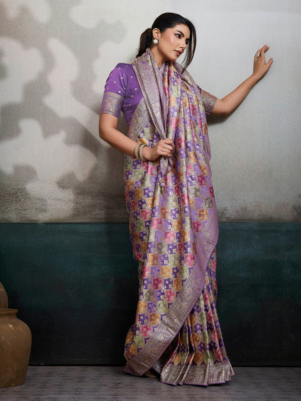 Purple Satin Woven Handloom Saree