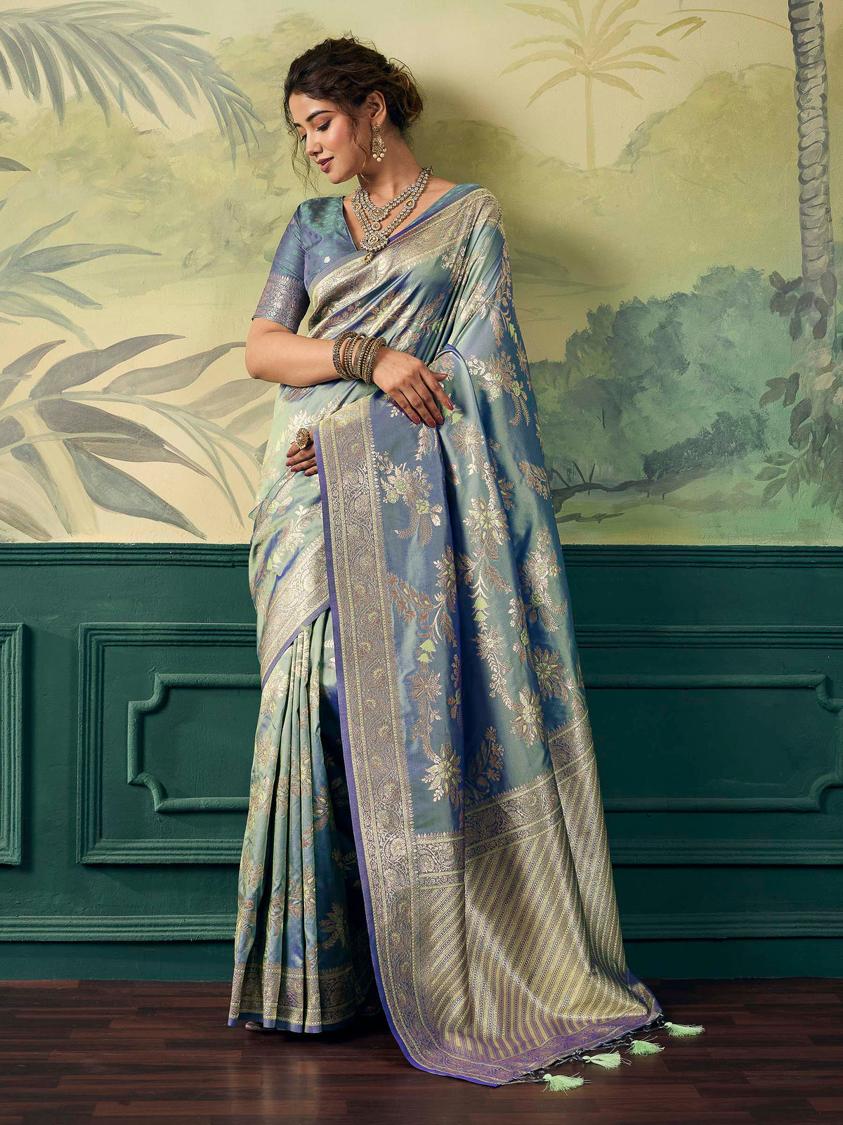 Grey Banarasi Silk Woven Saree