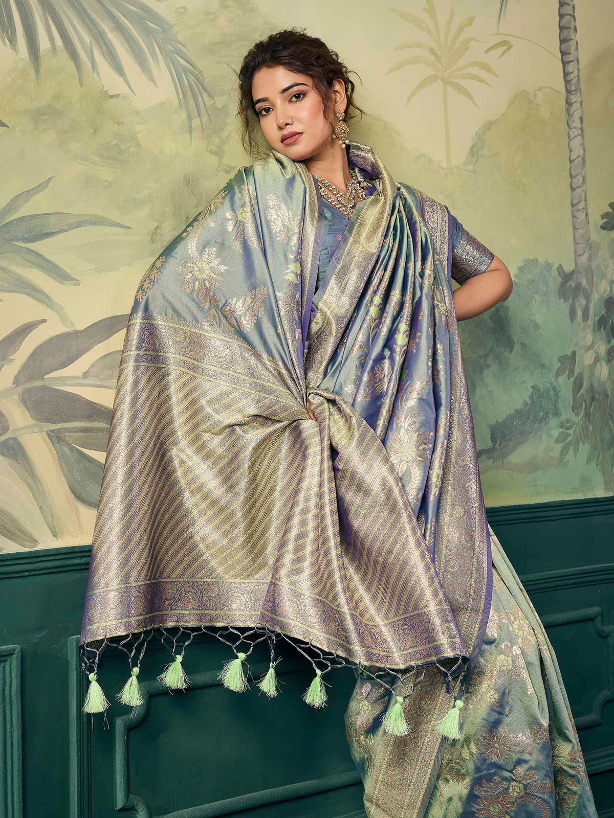 Grey Banarasi Silk Woven Saree