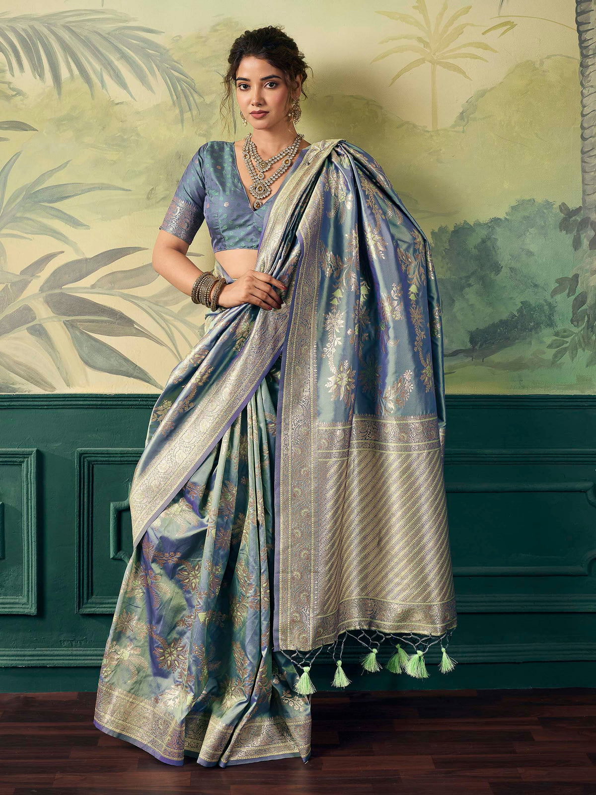 Grey Banarasi Silk Woven Saree