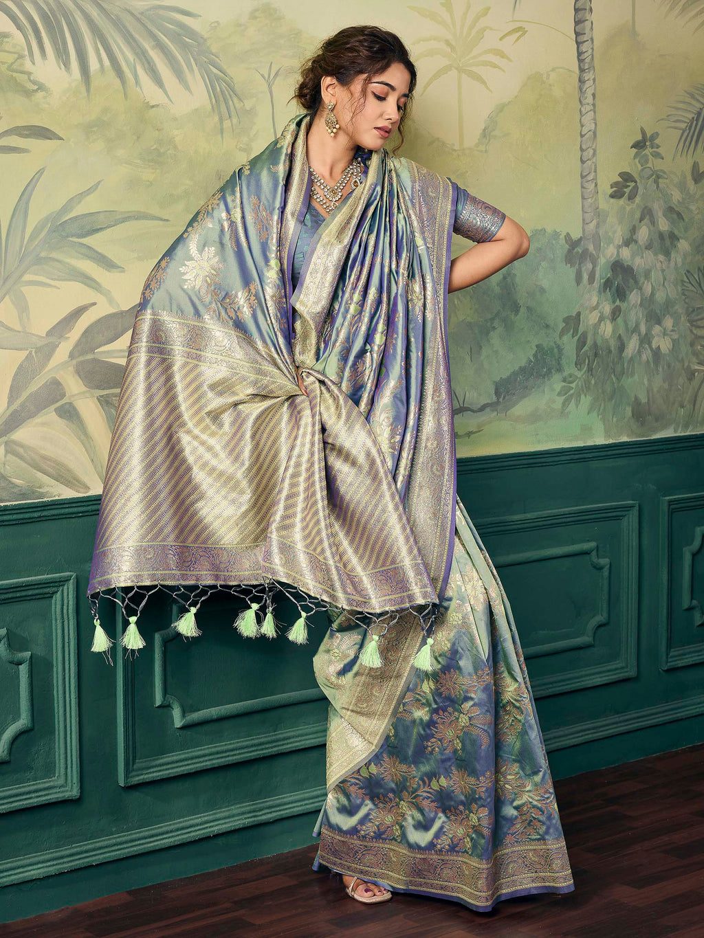 Grey Banarasi Silk Woven Saree
