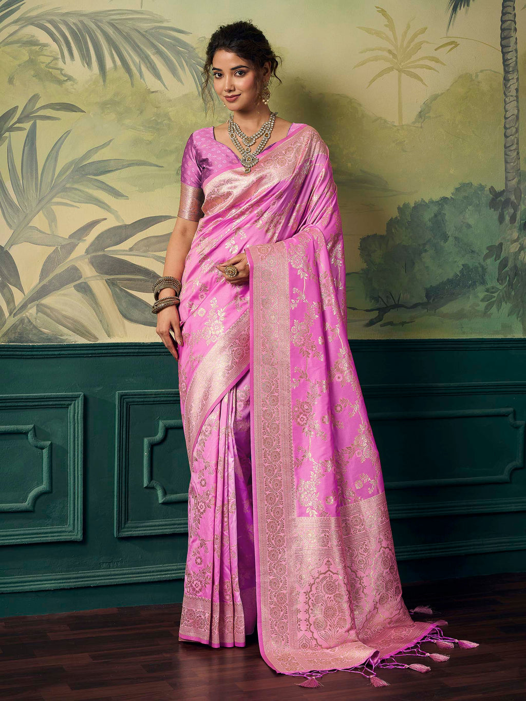 Coral-Pink Banarasi Silk Woven Saree