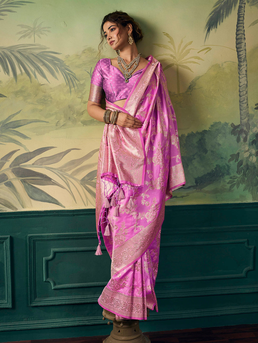 Coral-Pink Banarasi Silk Woven Saree