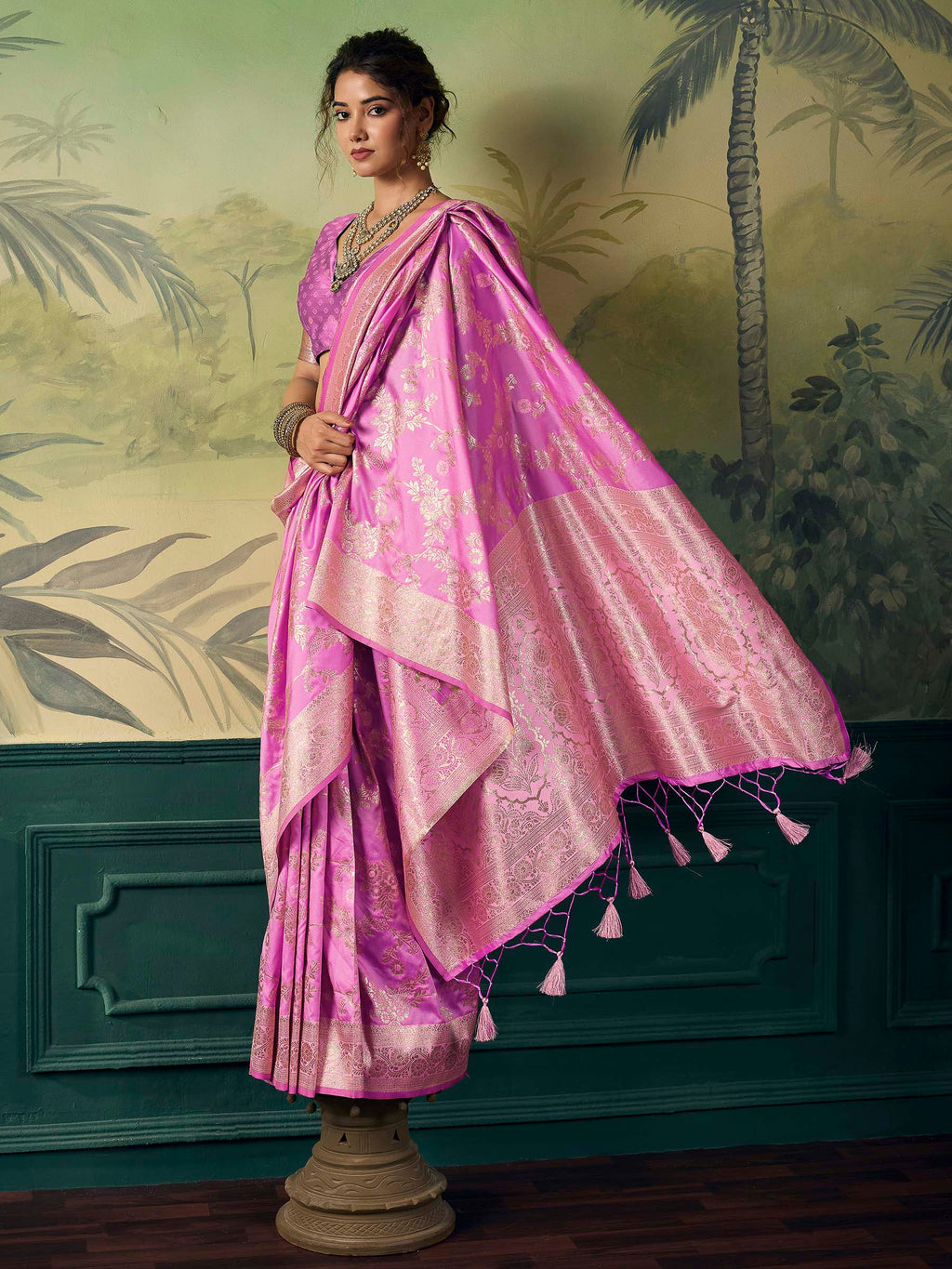 Coral-Pink Banarasi Silk Woven Saree