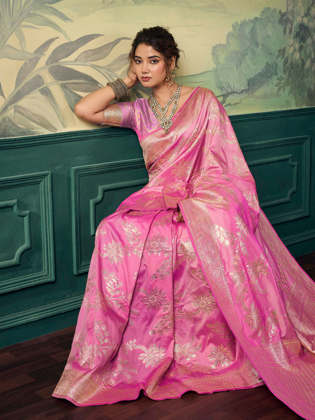 Pink Banarasi Silk Woven Saree