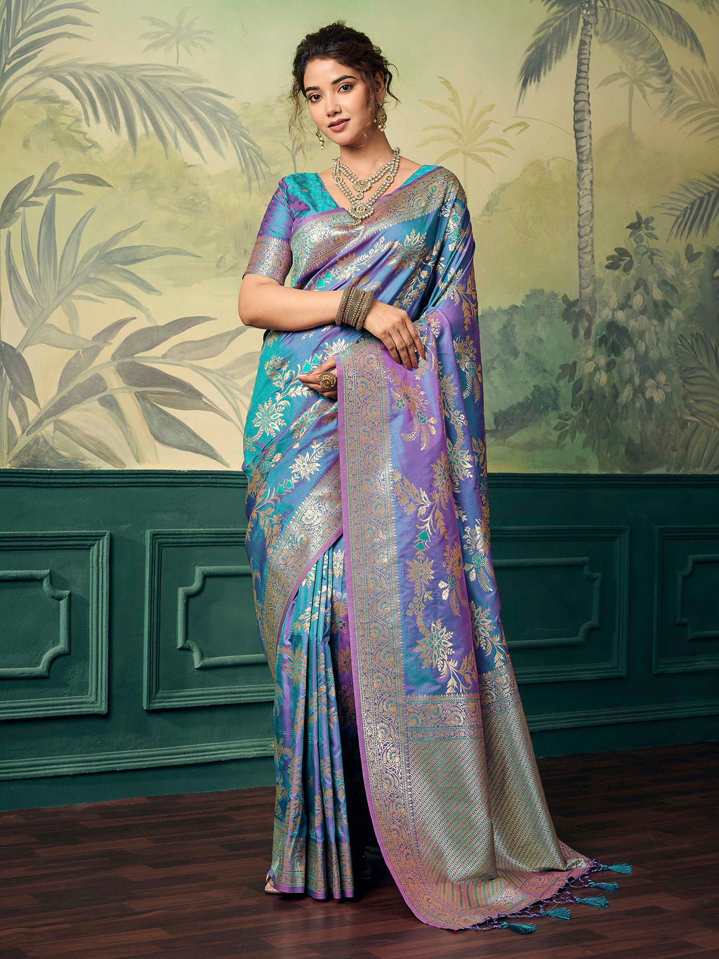Teal-Blue Banarasi Silk Woven Saree