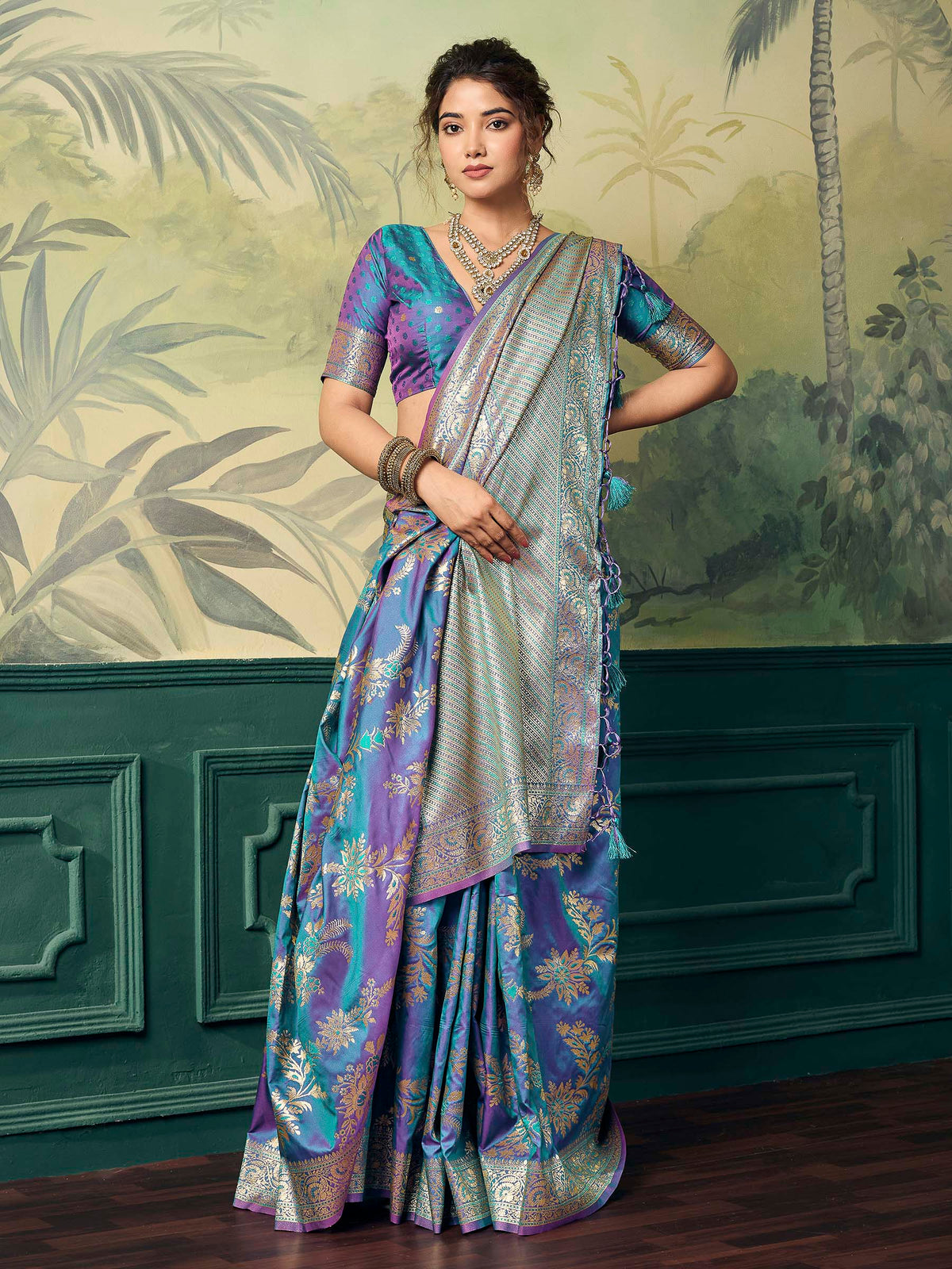 Teal-Blue Banarasi Silk Woven Saree