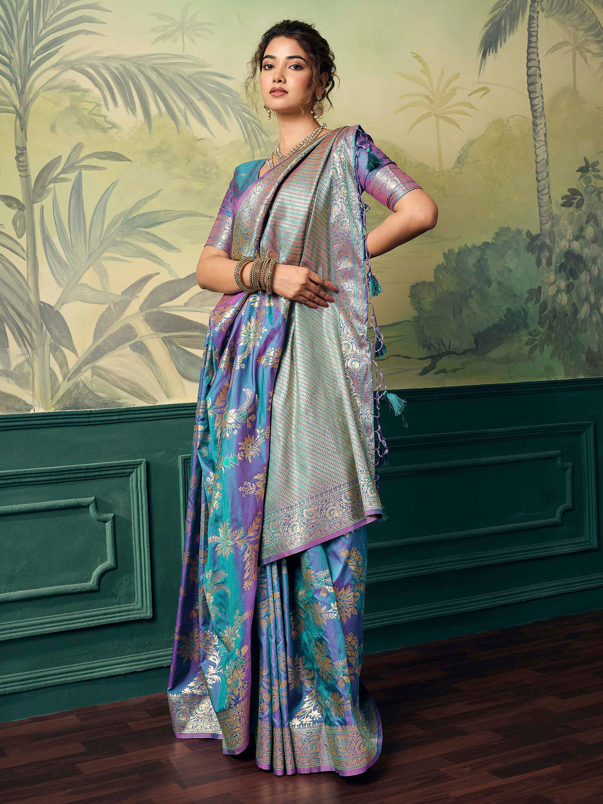 Teal-Blue Banarasi Silk Woven Saree