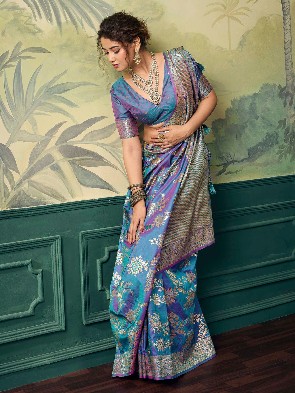 Teal-Blue Banarasi Silk Woven Saree