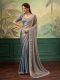 Teal-Blue Chiffon Woven Handloom Saree