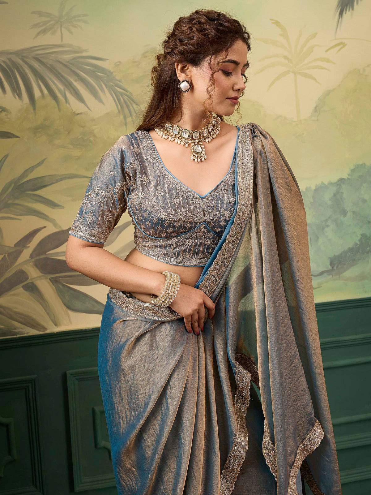 Teal-Blue Chiffon Woven Handloom Saree