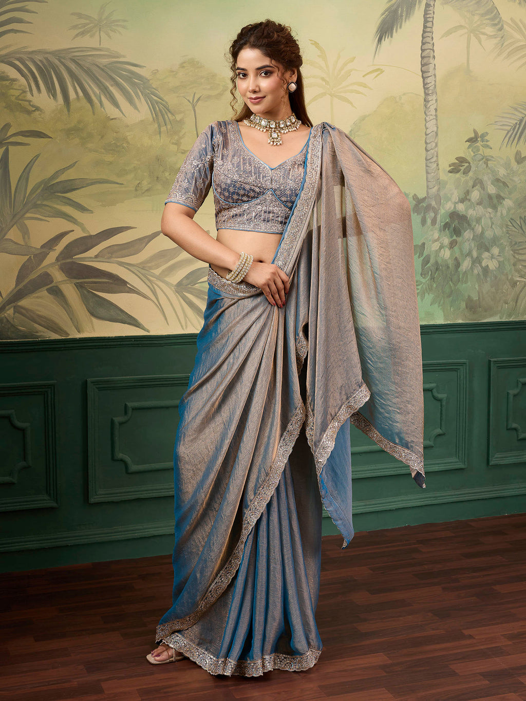 Teal-Blue Chiffon Woven Handloom Saree