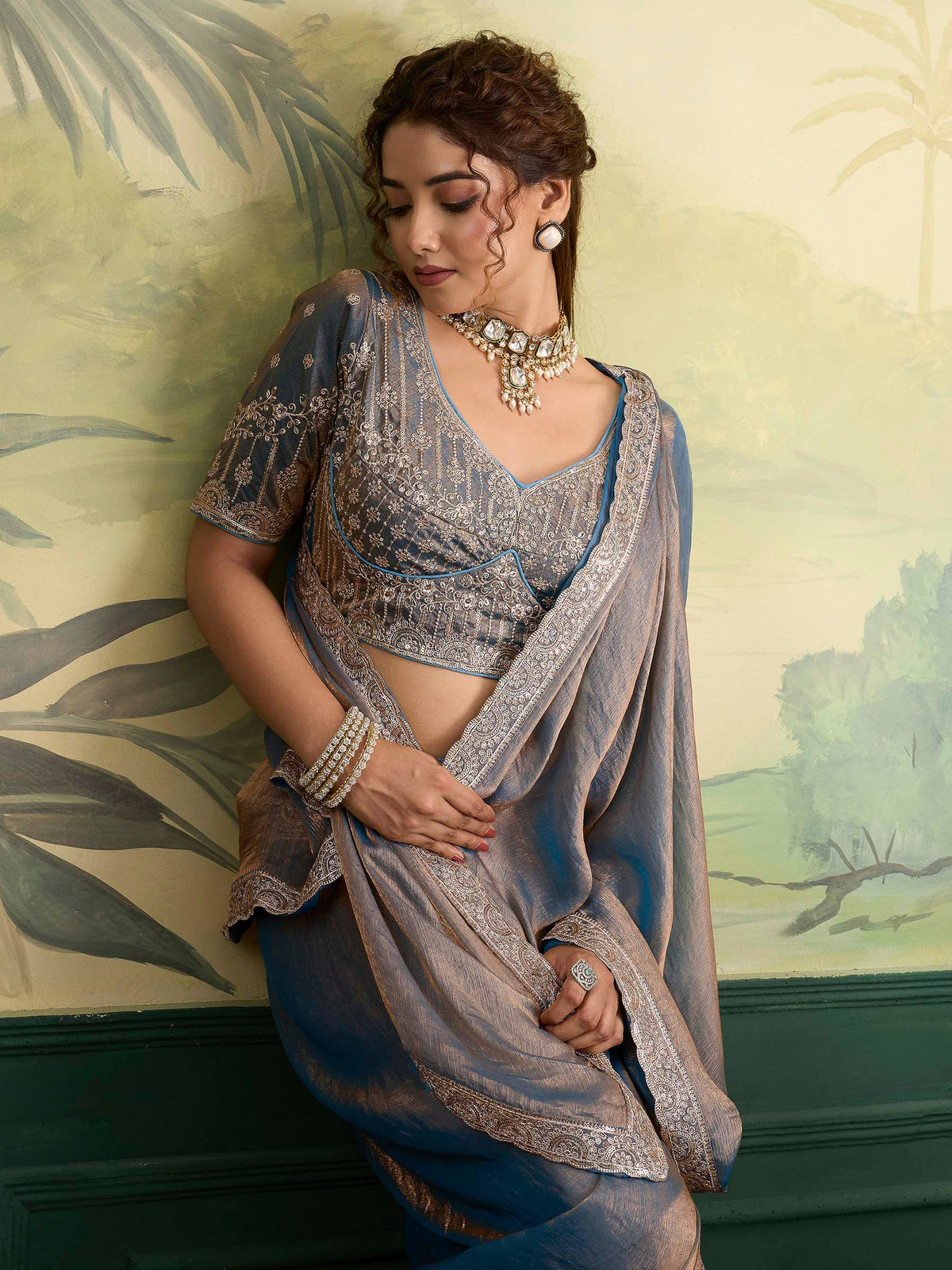 Teal-Blue Chiffon Woven Handloom Saree