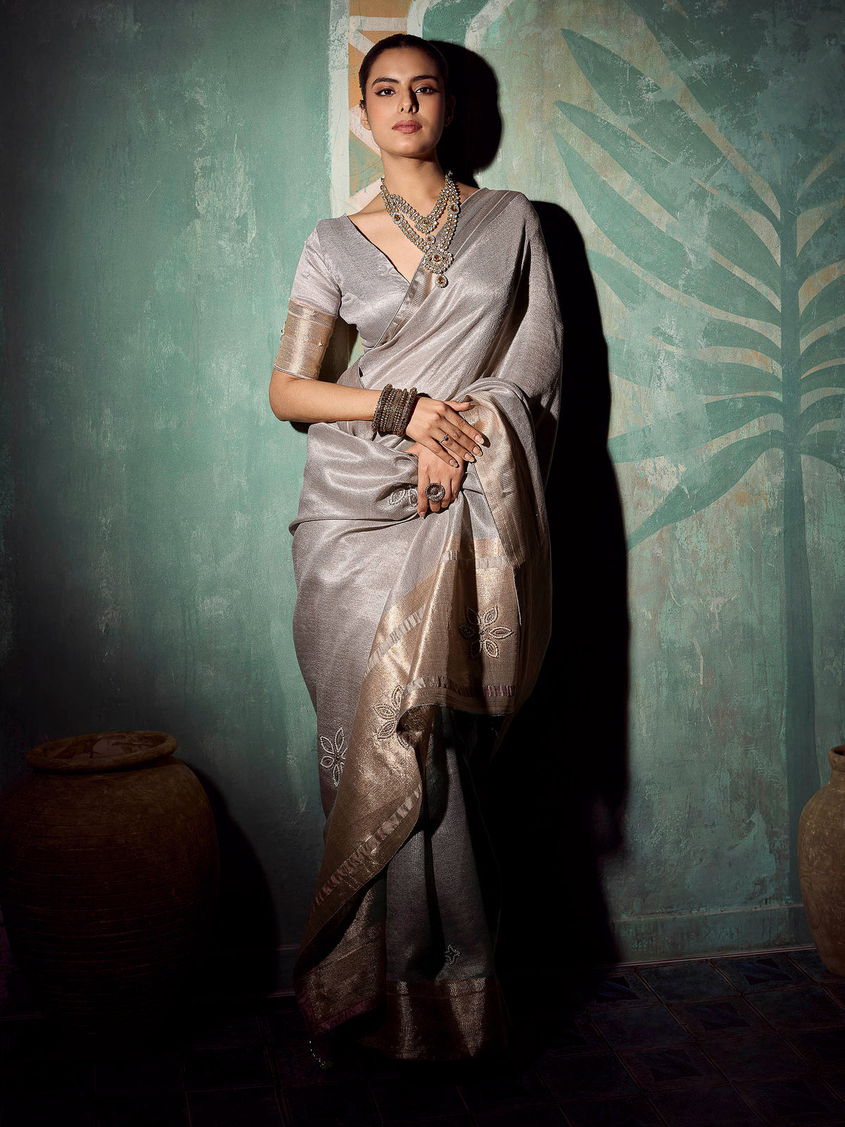 Grey Tissue Embroidered Handloom Saree