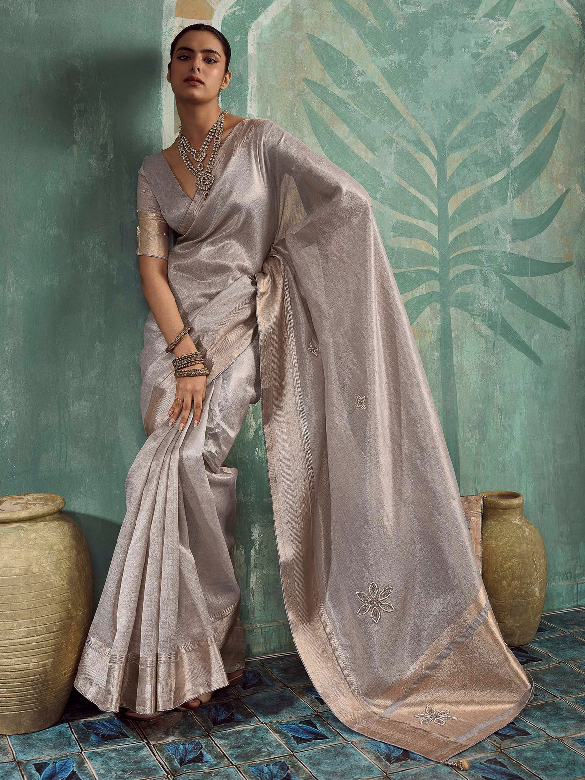 Grey Tissue Embroidered Handloom Saree