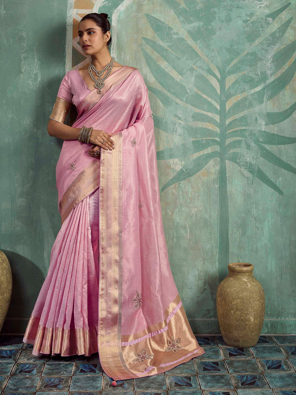 Pink Tissue Embroidered Handloom Saree