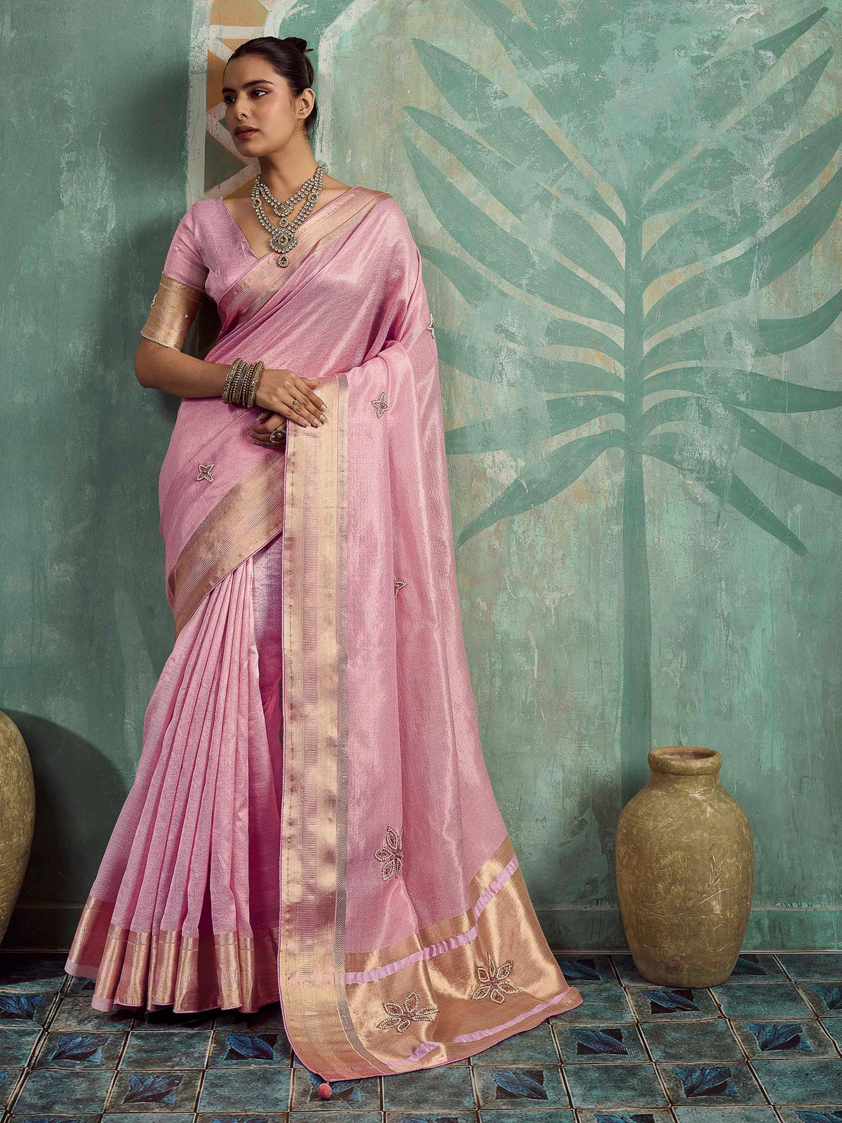 Pink Tissue Embroidered Handloom Saree