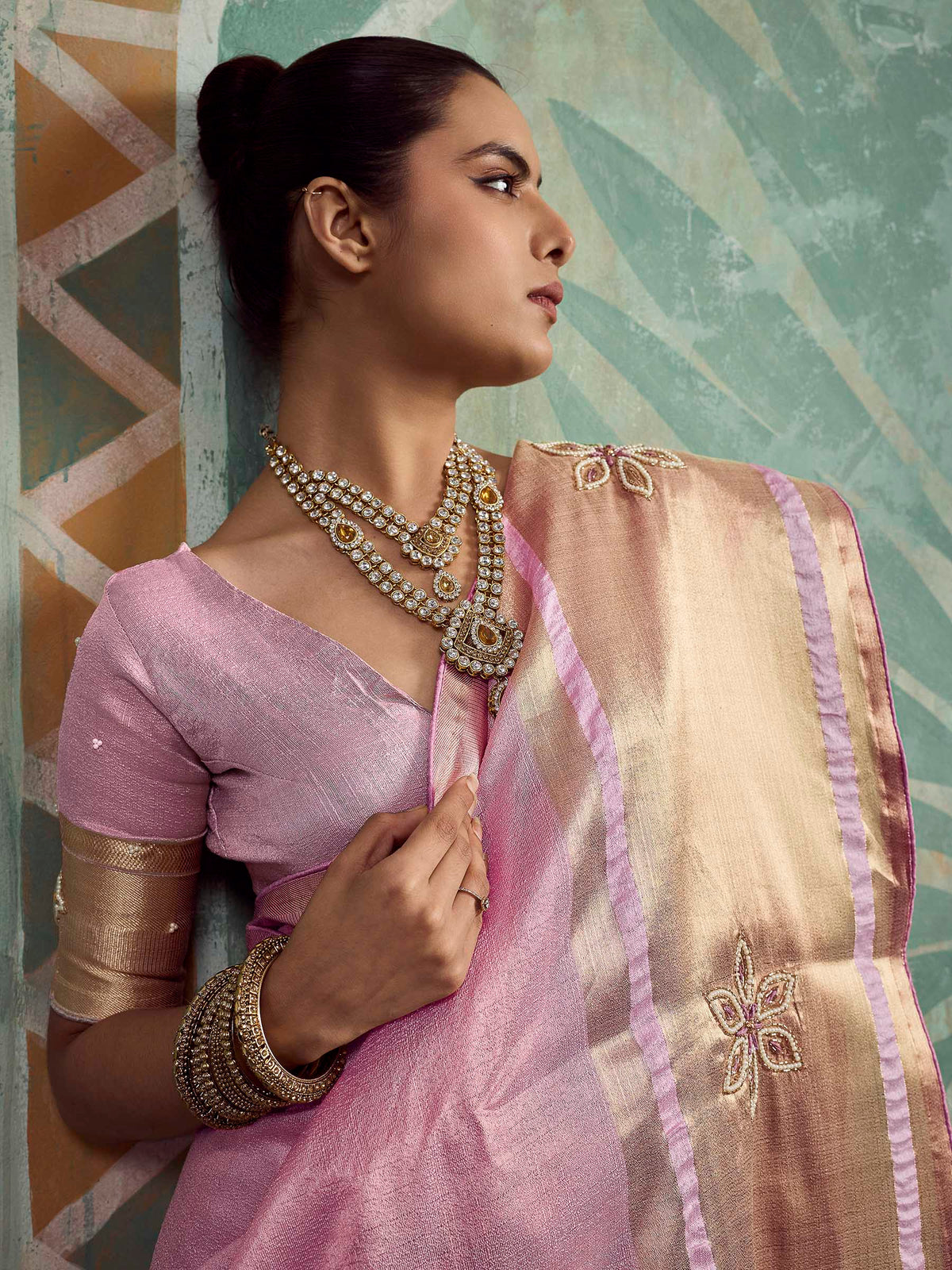Pink Tissue Embroidered Handloom Saree
