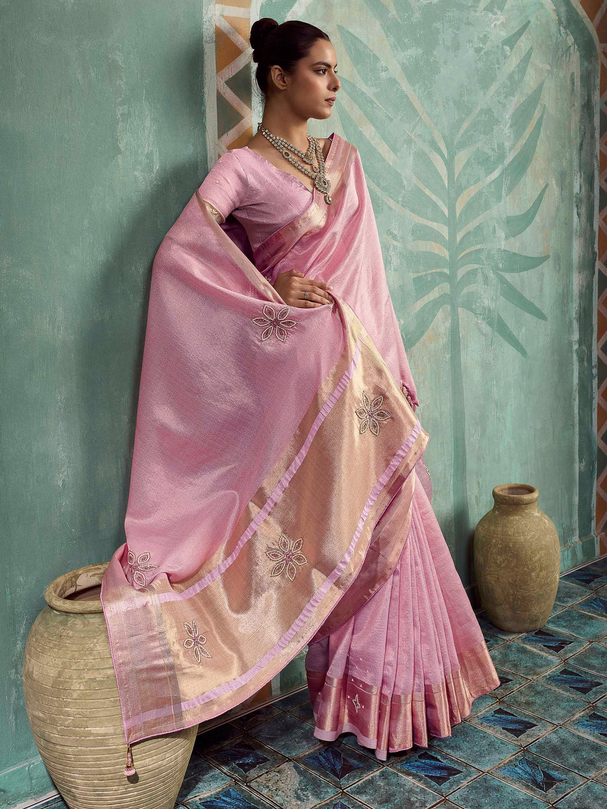 Pink Tissue Embroidered Handloom Saree