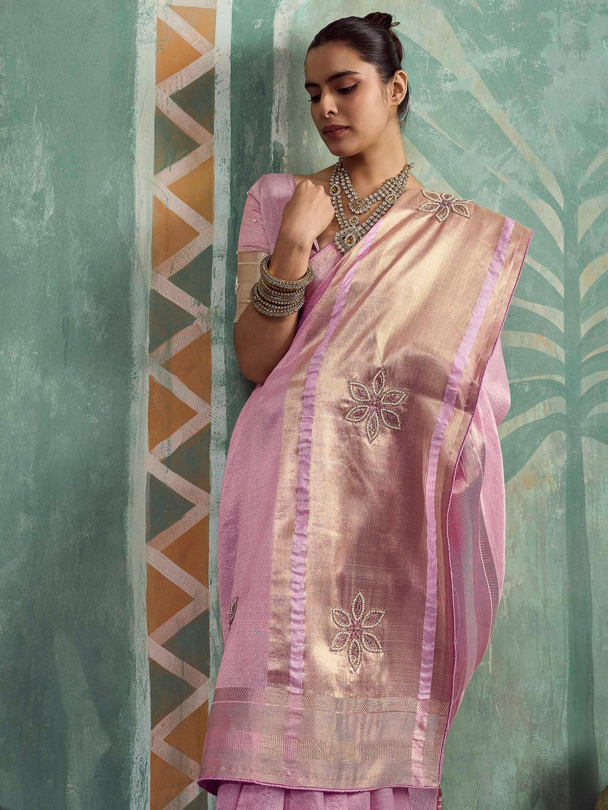 Pink Tissue Embroidered Handloom Saree