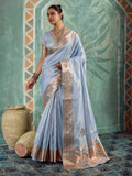 Blue Tissue Embroidered Handloom Saree