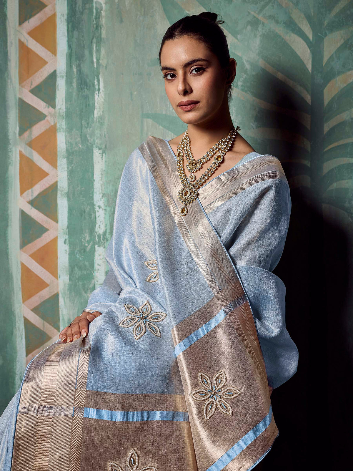 Blue Tissue Embroidered Handloom Saree