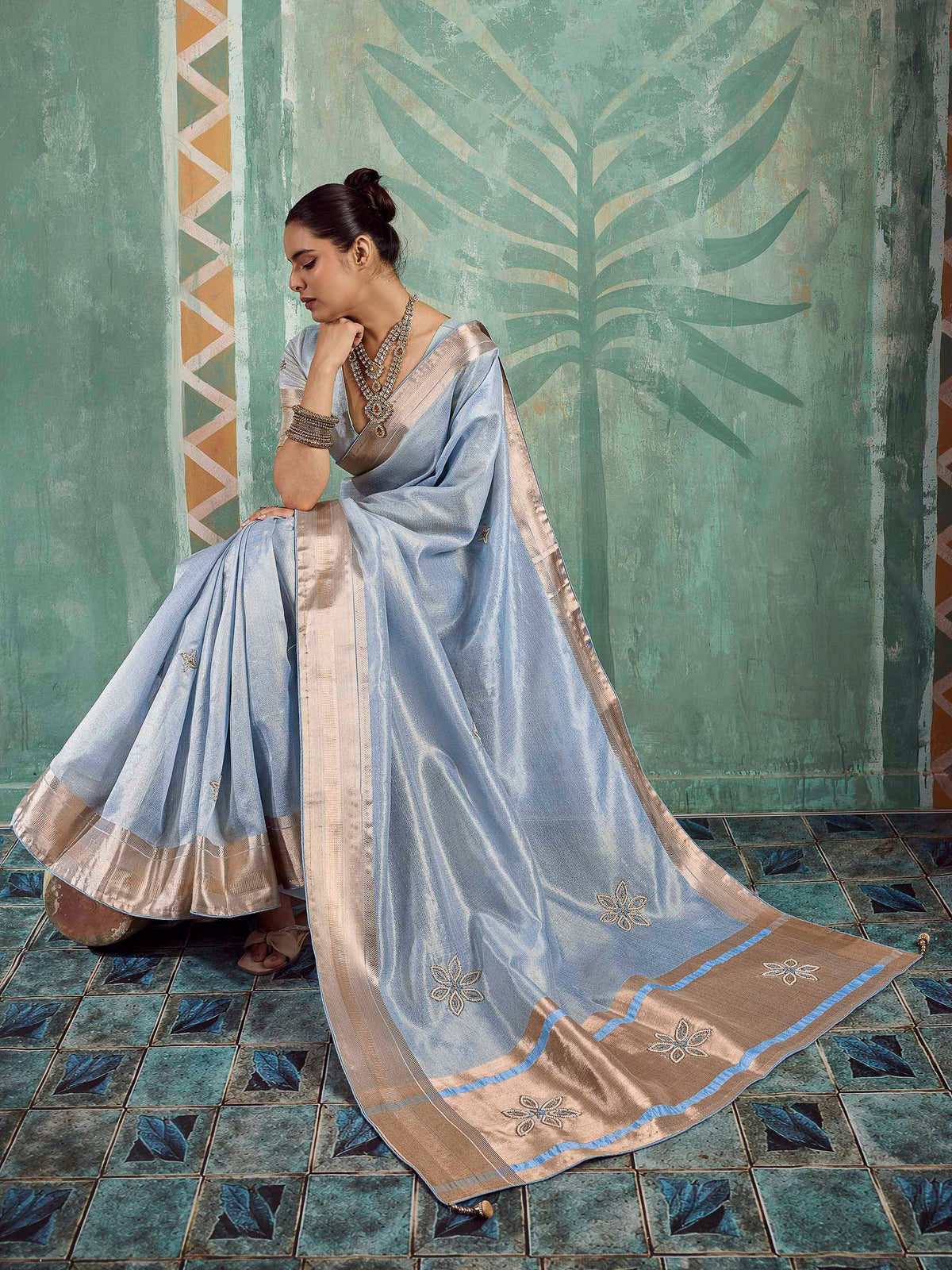 Blue Tissue Embroidered Handloom Saree