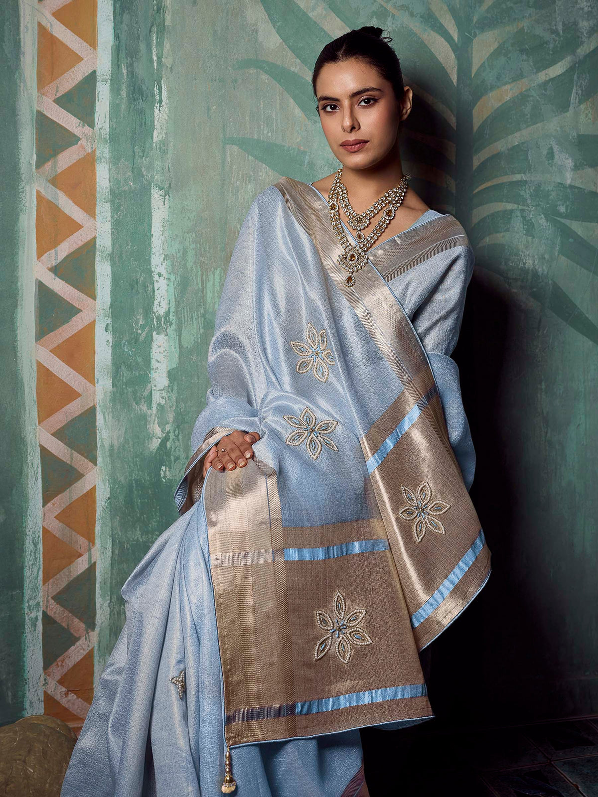 Blue Tissue Embroidered Handloom Saree