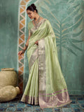 Pista-Green Tissue Embroidered Handloom Saree