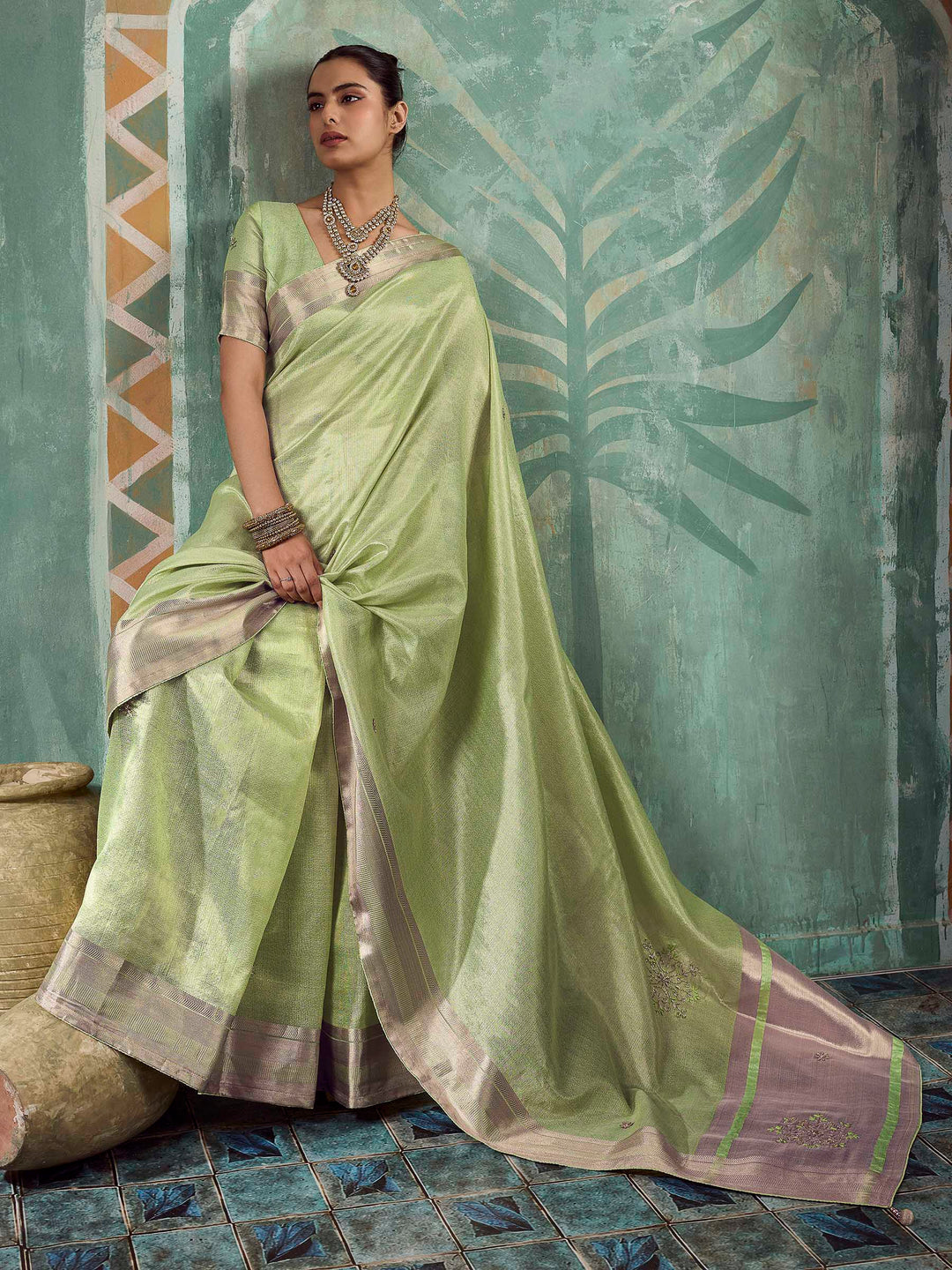 Pista-Green Tissue Embroidered Handloom Saree