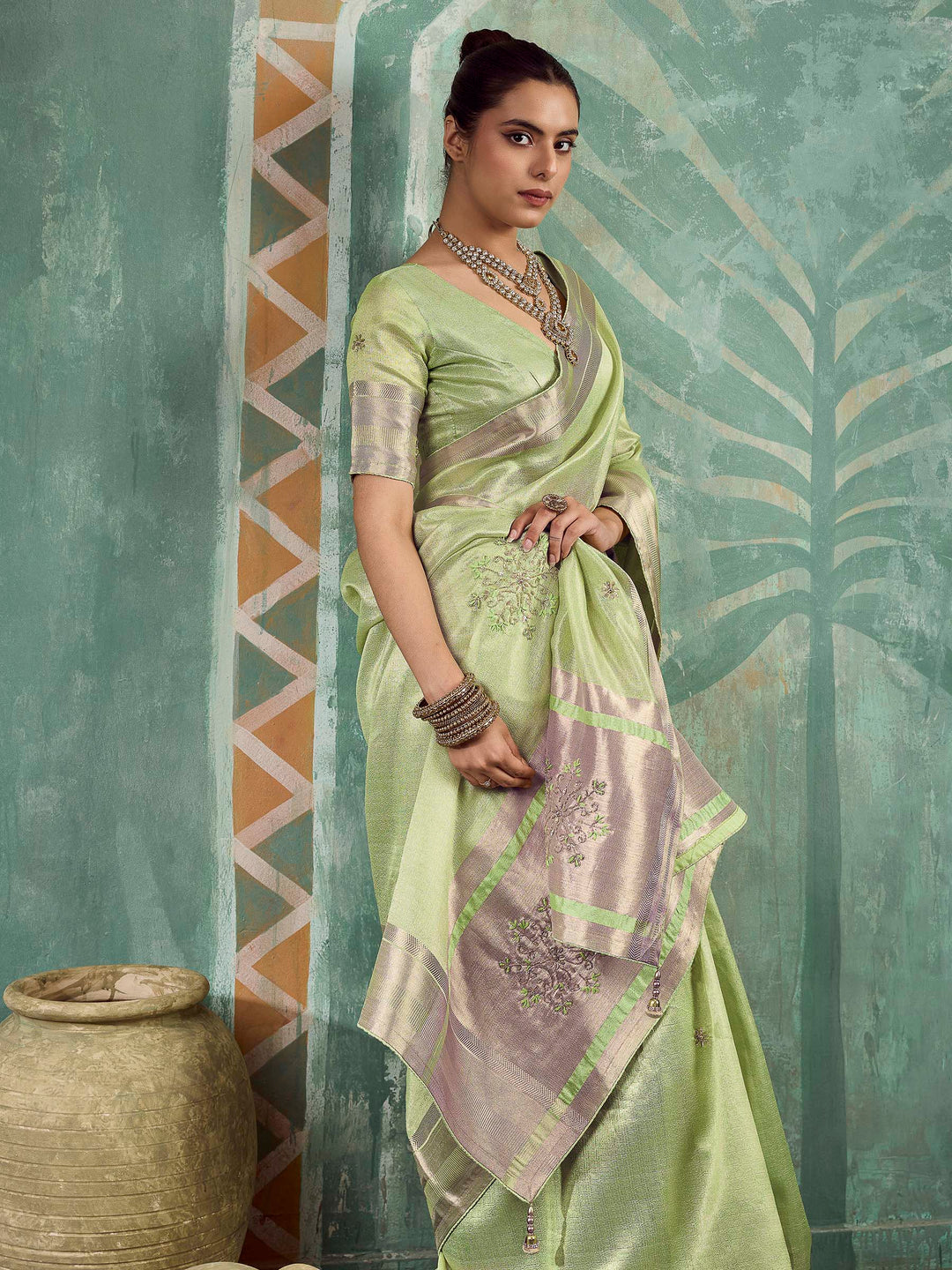 Pista-Green Tissue Embroidered Handloom Saree