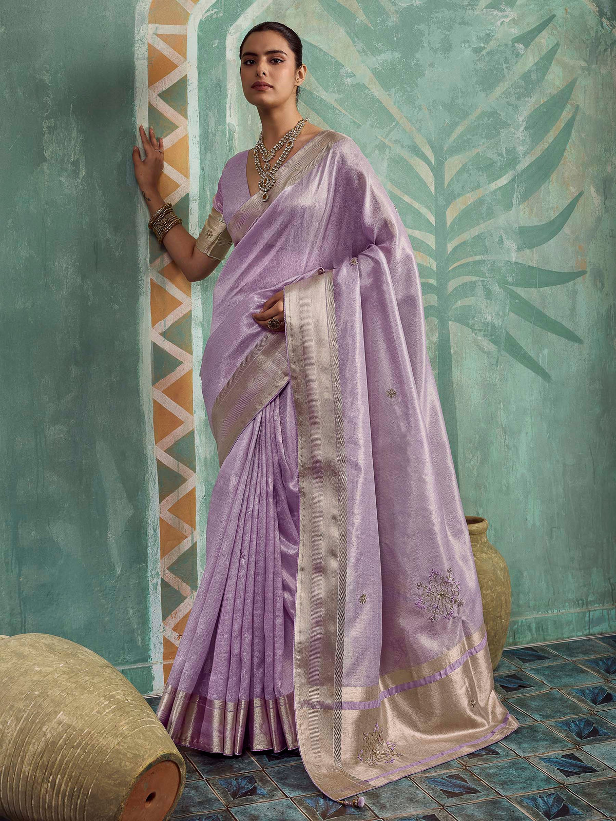 Lavender Tissue Embroidered Handloom Saree
